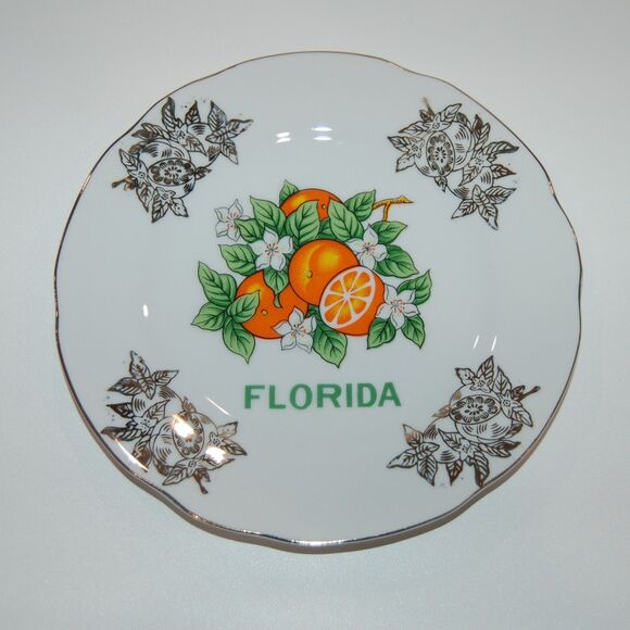 Other - VINTAGE FLORIDA SOUVENIR KITSCHY PLATE ORANGES BLOSSOMS 7.5” GOLD EDGING